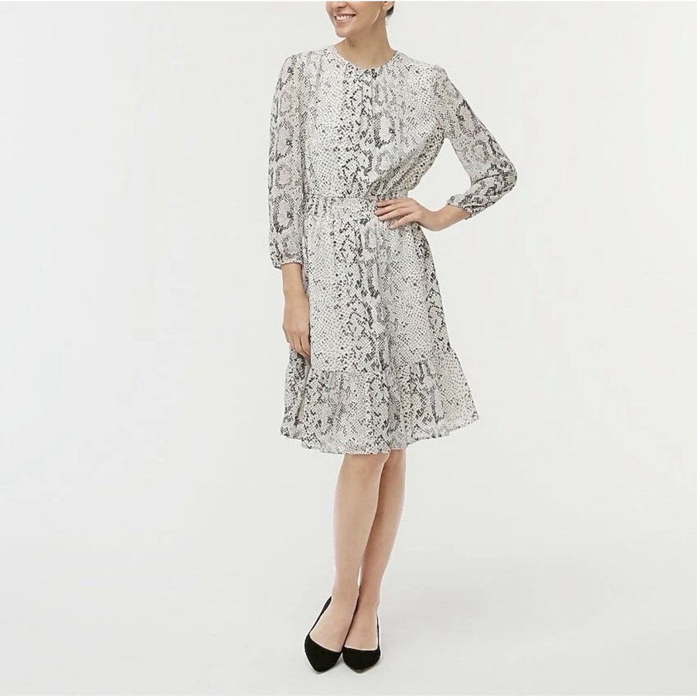 J. Crew‎ Dress Women's XXS Snake Skin Sheer Sleeve Smocked-Waist  Grey/White